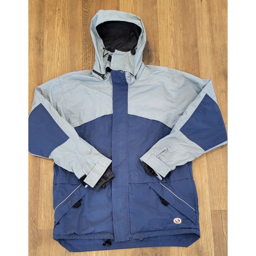 Point Zero Mens Medium Blue Gray Colorblock Hooded Nylon Jacket Removable Hood